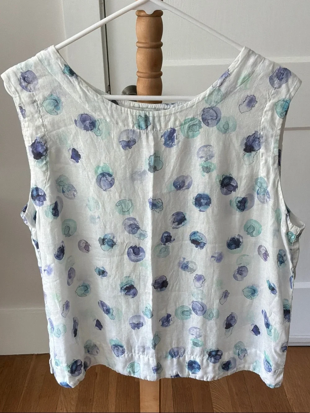 cut loose White Linen Sleeveless Blouse with Blue & Teal Watercolor Dots